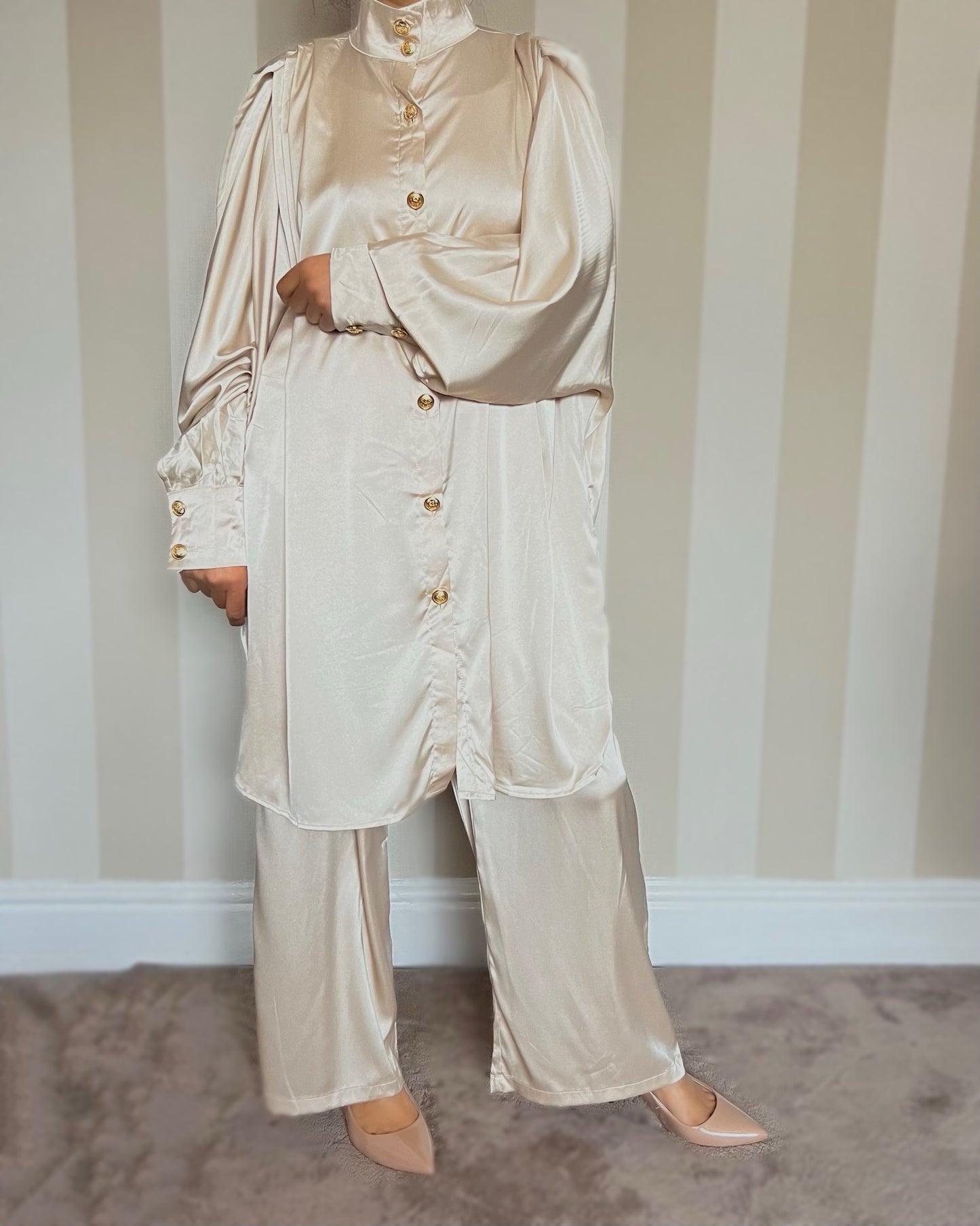 Satin Oversized Gold Button Co Ord