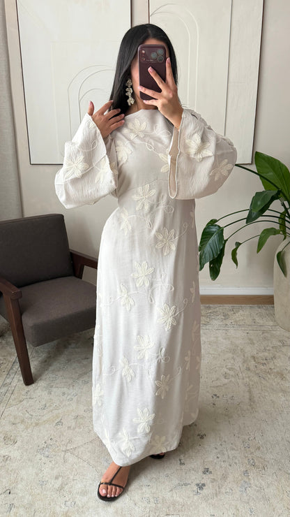 Maria Embroidered Linen-Style Dress with Adjustable Tie Belt