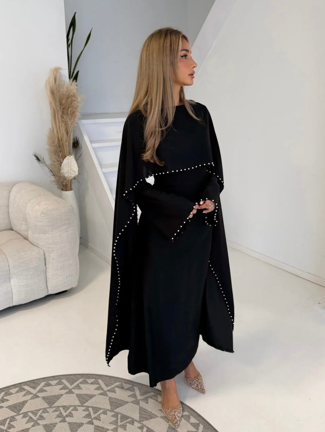 Pearl Detail Cape Dress