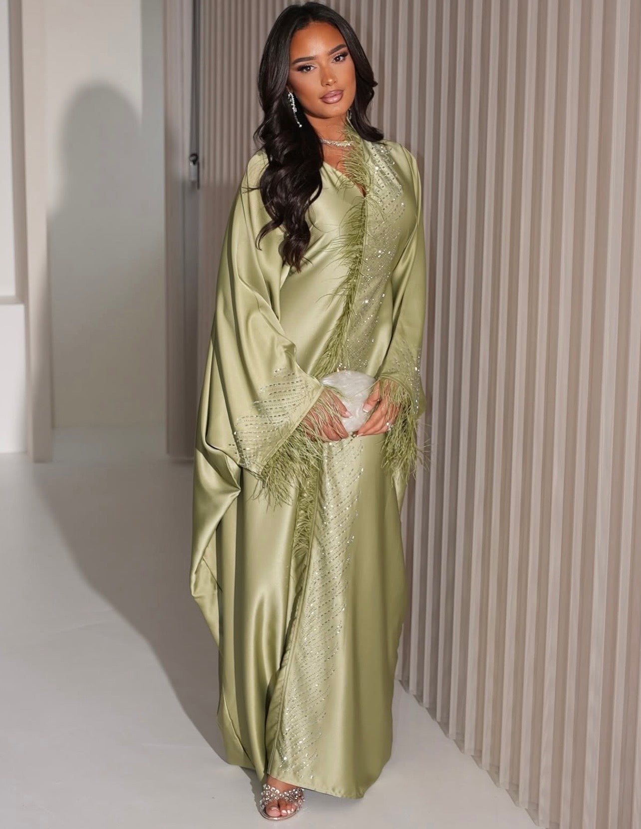 Premium Farah Feather Embellished Tie Belt Kaftan