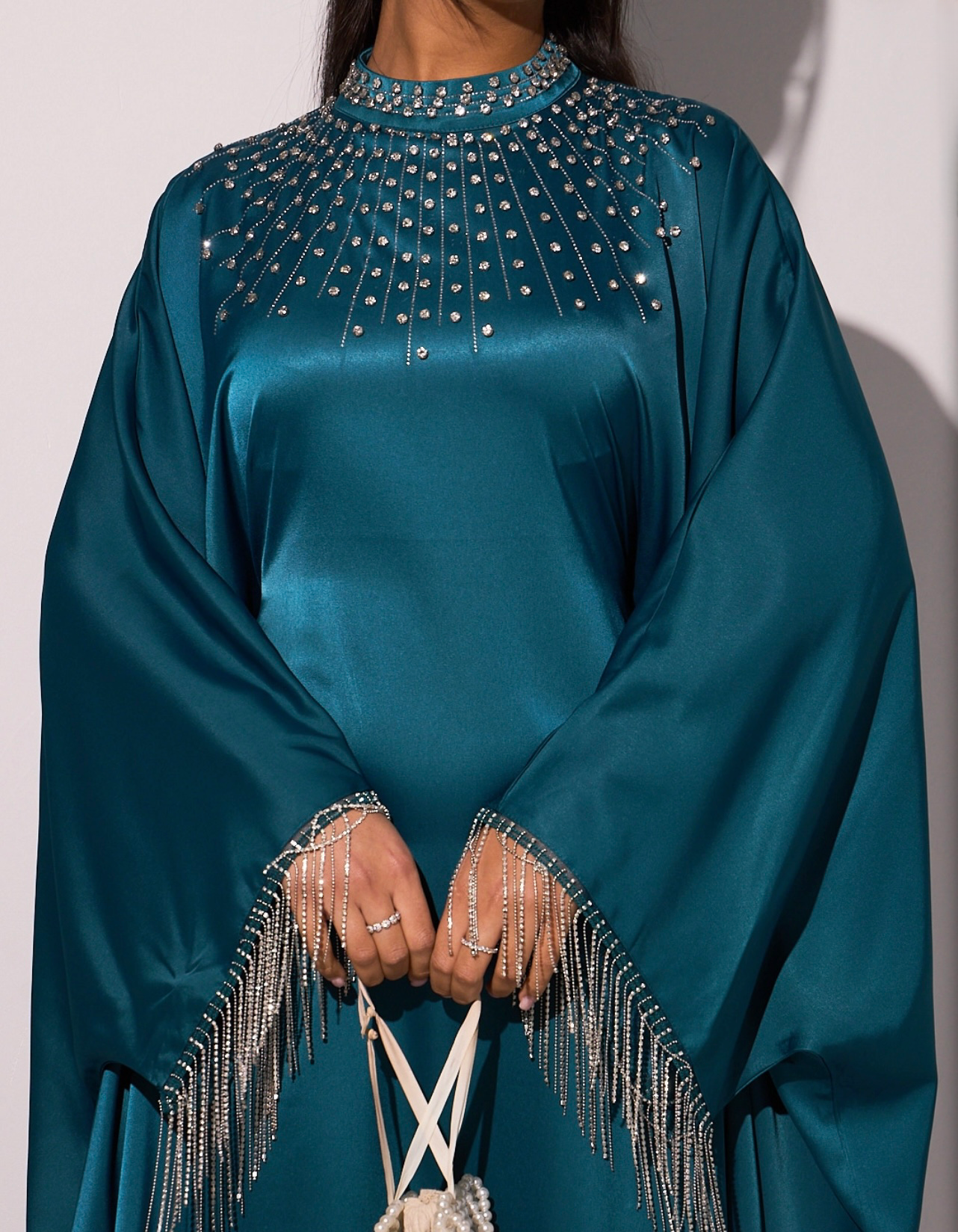 Sareena Premium Embellished Fringe Kaftan with Inner Belt