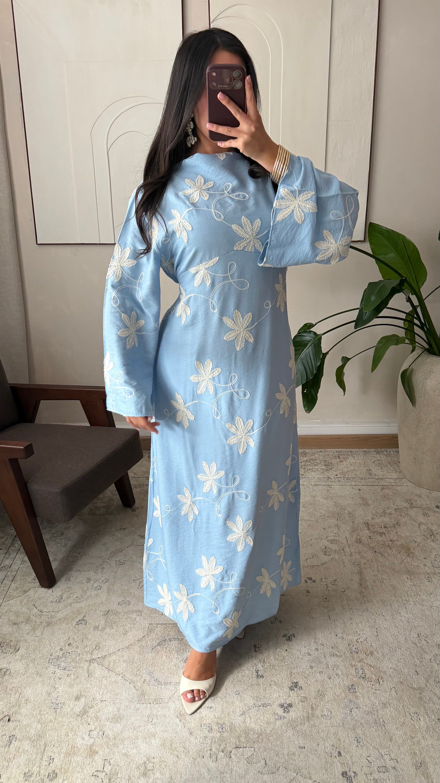 Maria Embroidered Linen-Style Dress with Adjustable Tie Belt