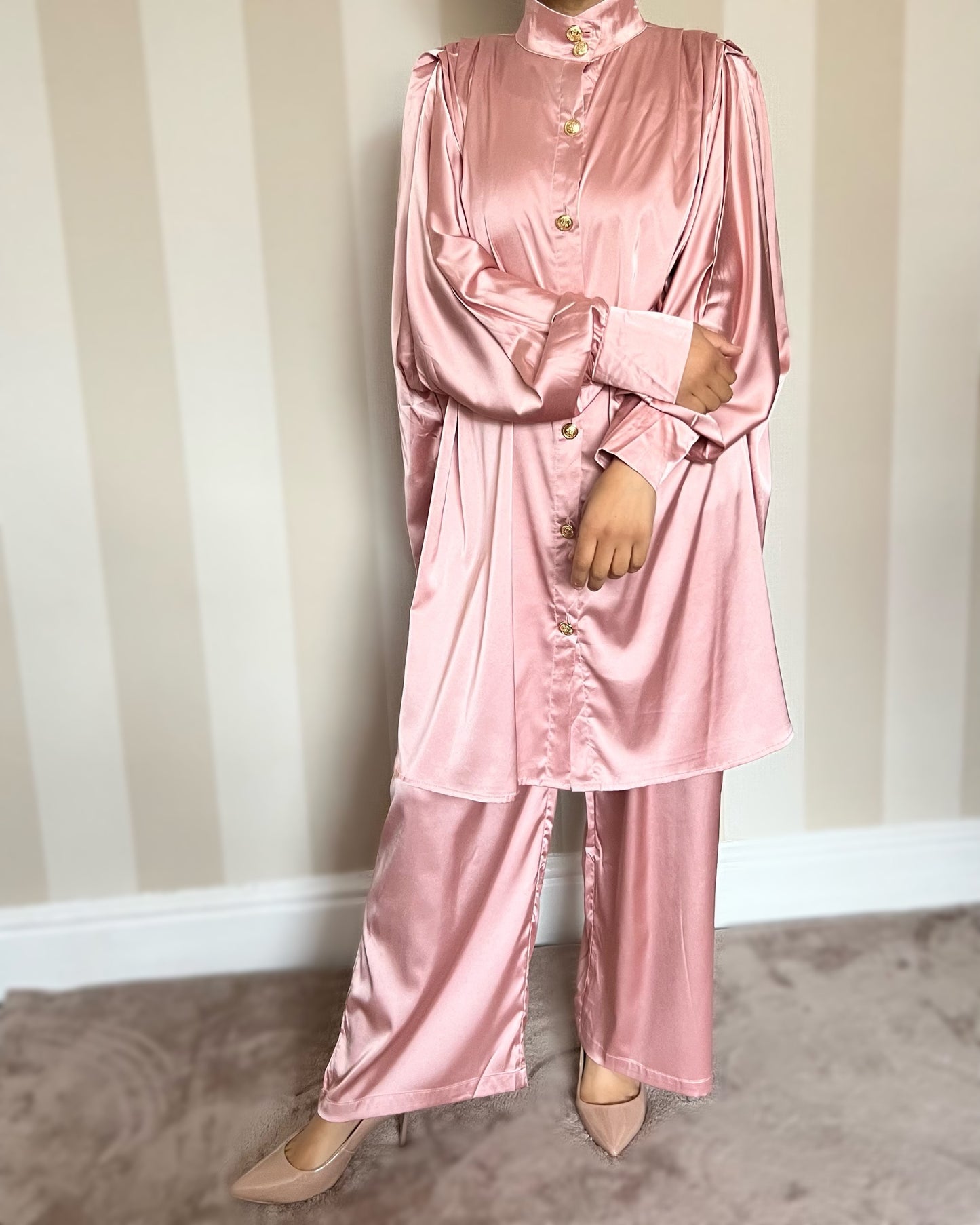 Satin Oversized Gold Button Co Ord