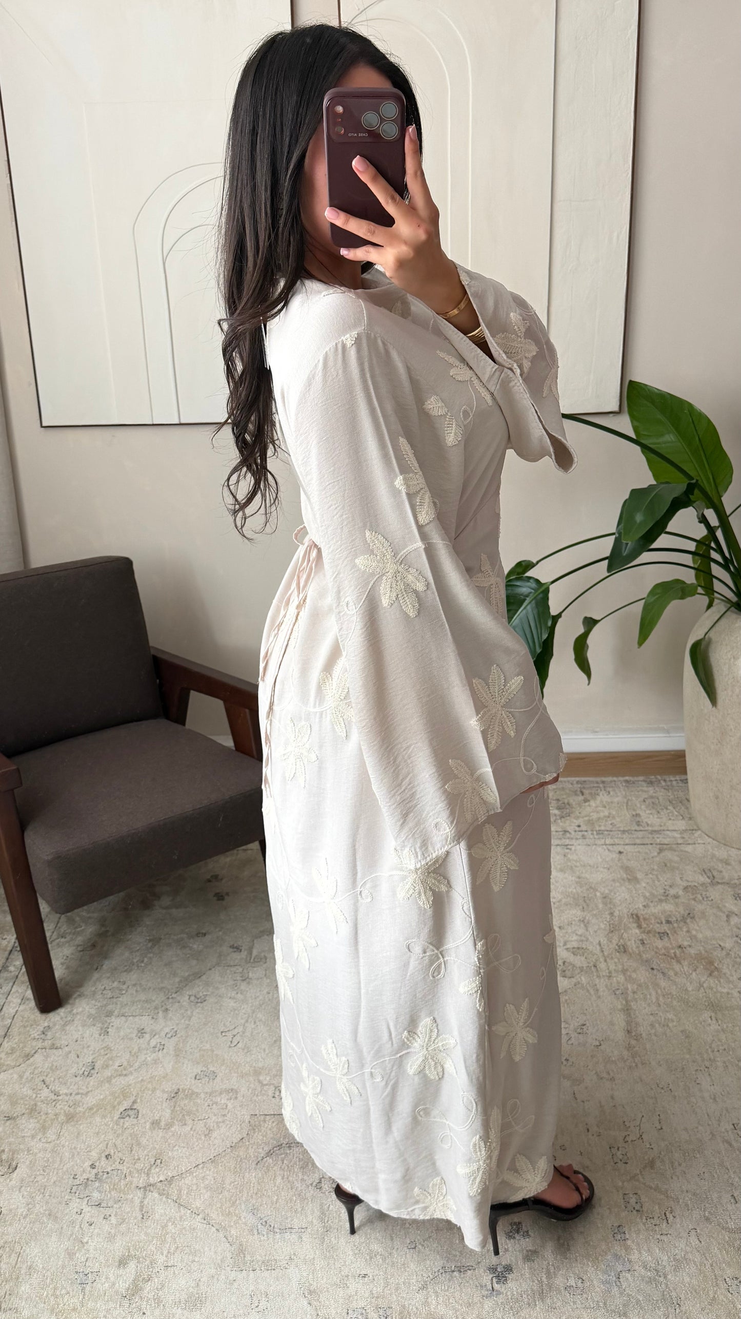 Maria Embroidered Linen-Style Dress with Adjustable Tie Belt