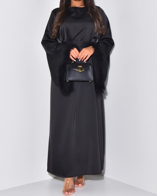 Fur Trim Angel Satin Dress