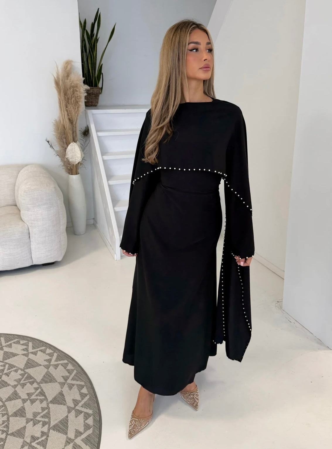 Pearl Detail Cape Dress