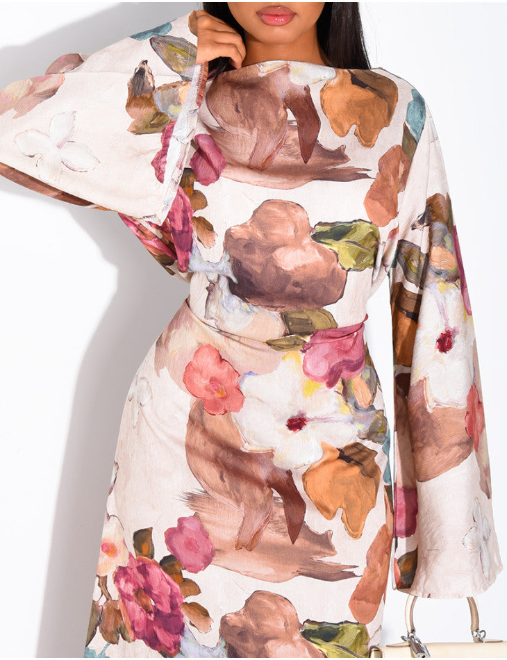 Madeeha Floral Linen-Effect Dress with adjustable tie belt