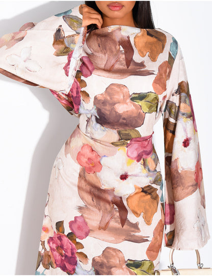 Madeeha Floral Linen-Effect Dress with adjustable tie belt