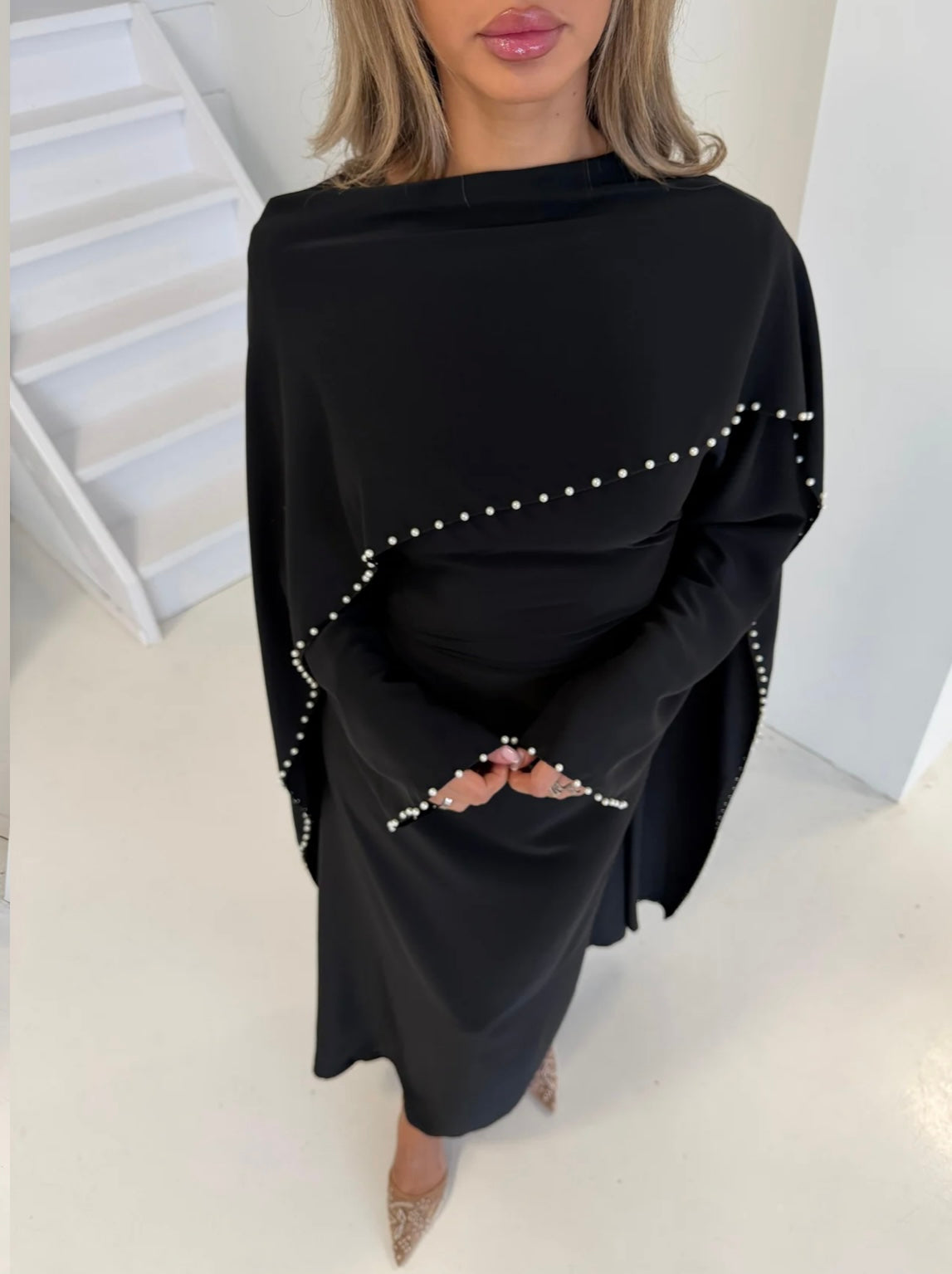Pearl Detail Cape Dress