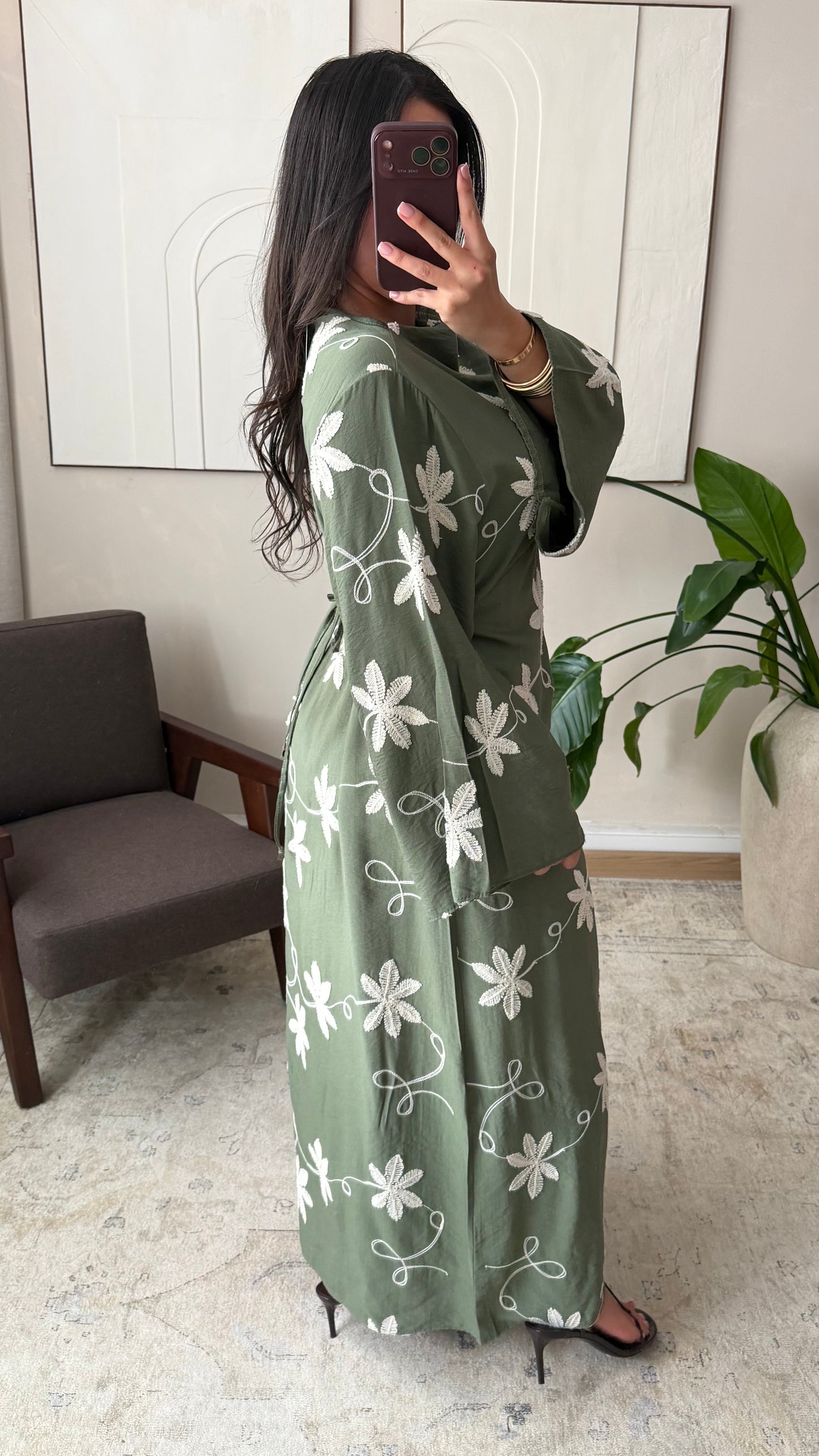 Maria Embroidered Linen-Style Dress with Adjustable Tie Belt