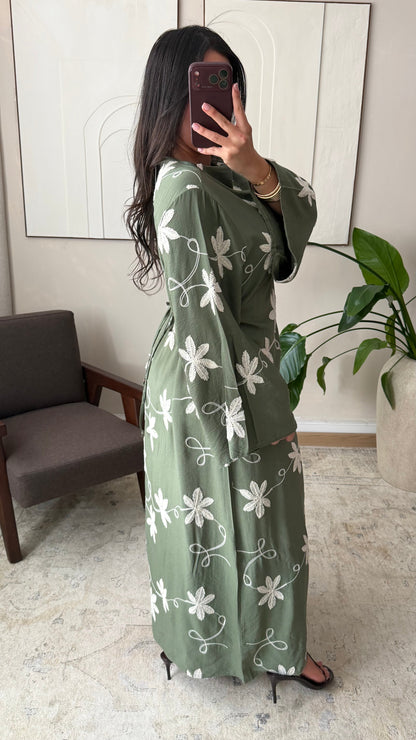 Maria Embroidered Linen-Style Dress with Adjustable Tie Belt