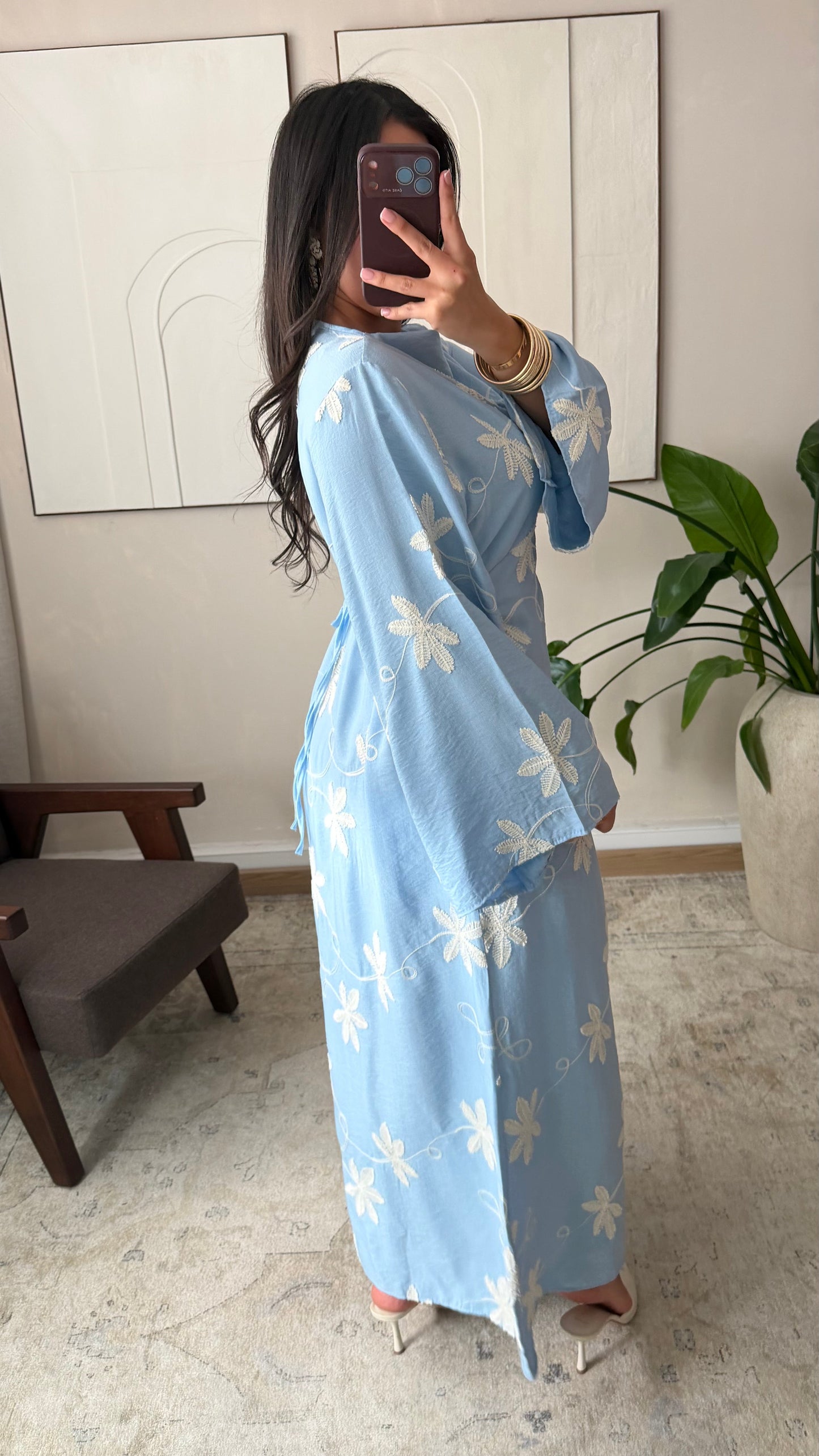 Maria Embroidered Linen-Style Dress with Adjustable Tie Belt