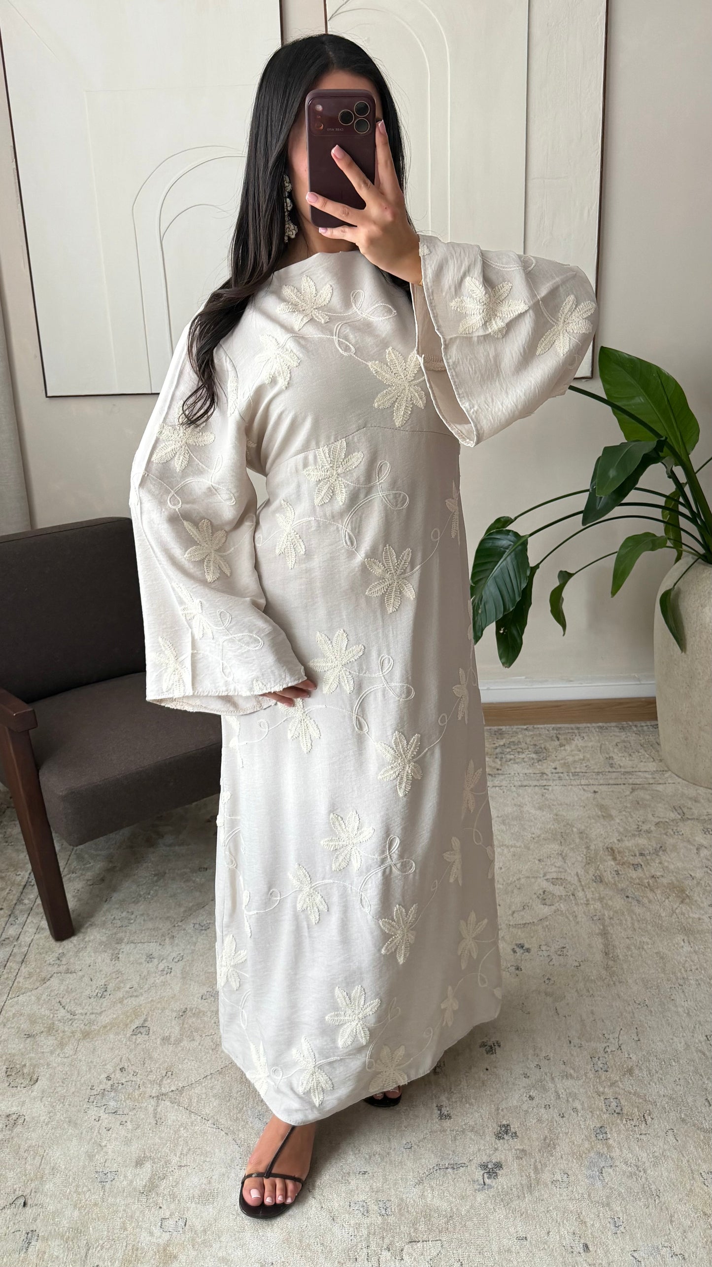 Maria Embroidered Linen-Style Dress with Adjustable Tie Belt