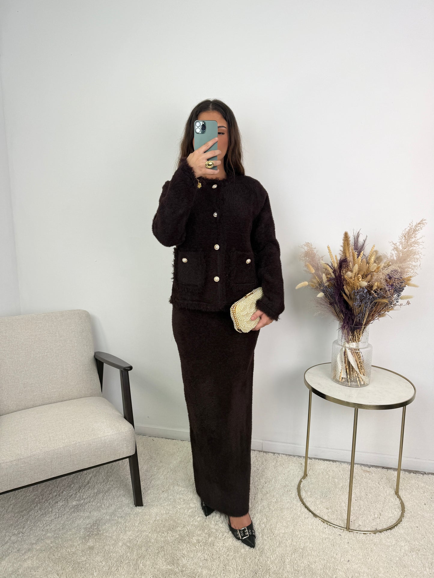 Aya Fur Button Skirt Co Ord