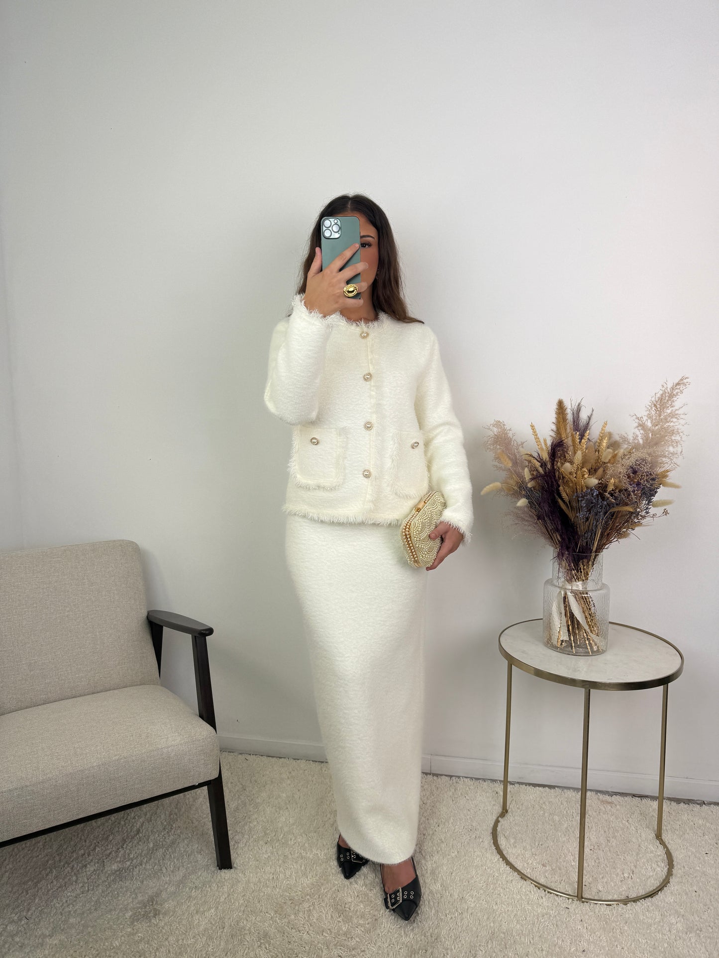 Aya Fur Button Skirt Co Ord