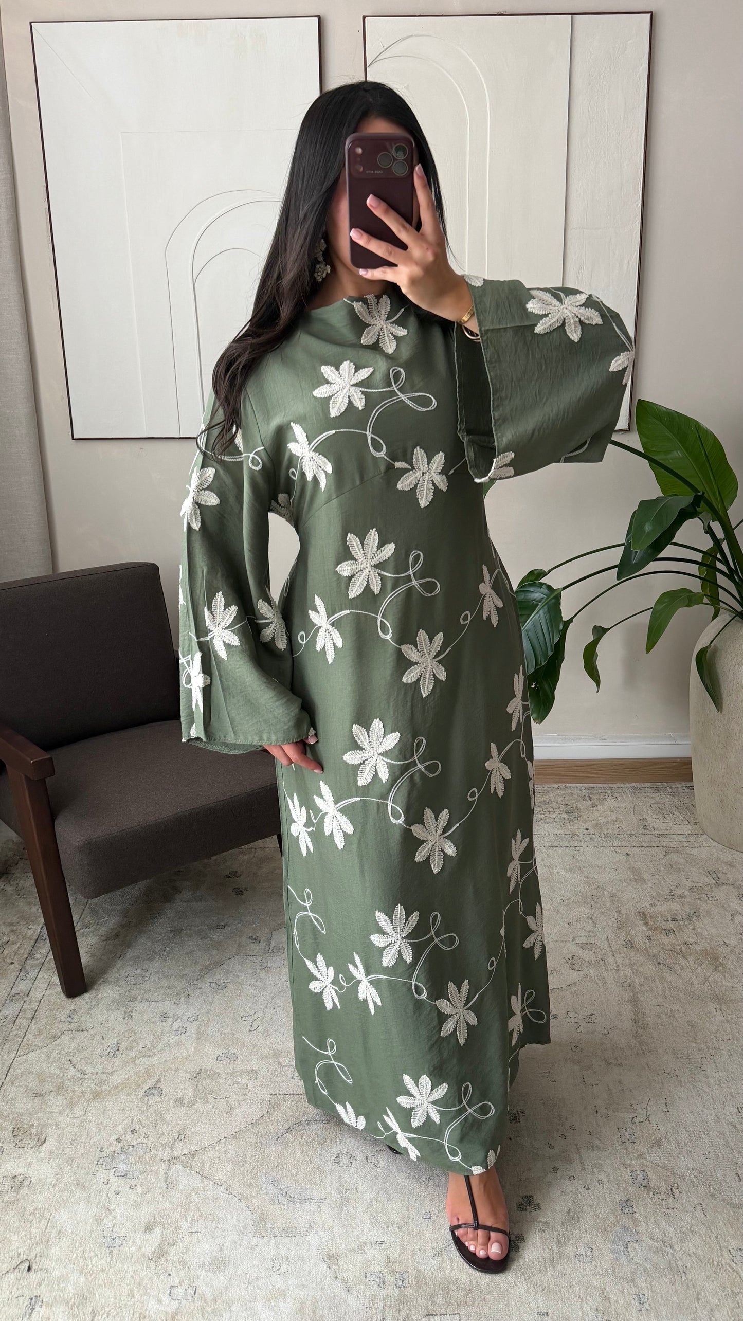 Maria Embroidered Linen-Style Dress with Adjustable Tie Belt