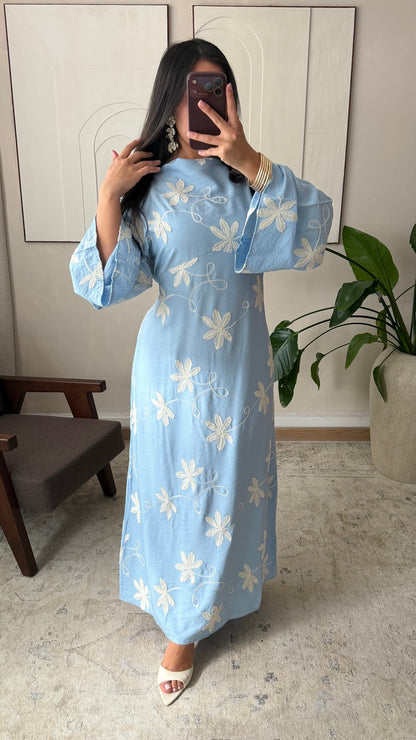 Maria Embroidered Linen-Style Dress with Adjustable Tie Belt