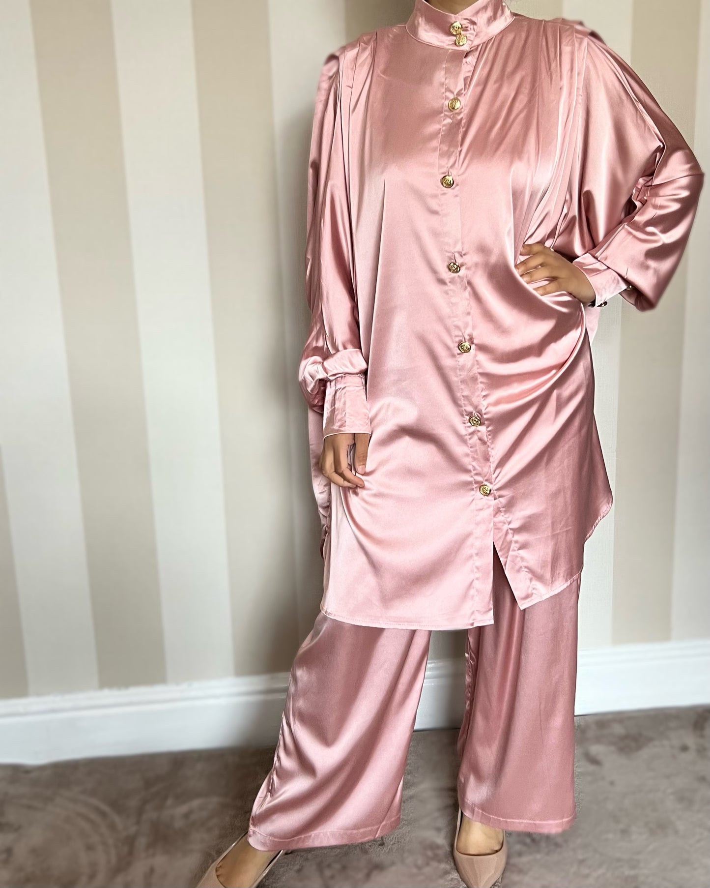 Satin Oversized Gold Button Co Ord