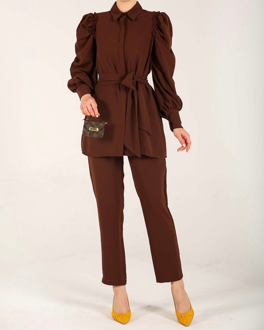 Crepe Ruffle Shoulder Co Ord - Brown