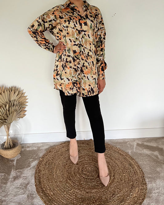 Satin Longline Animal Print Blouse